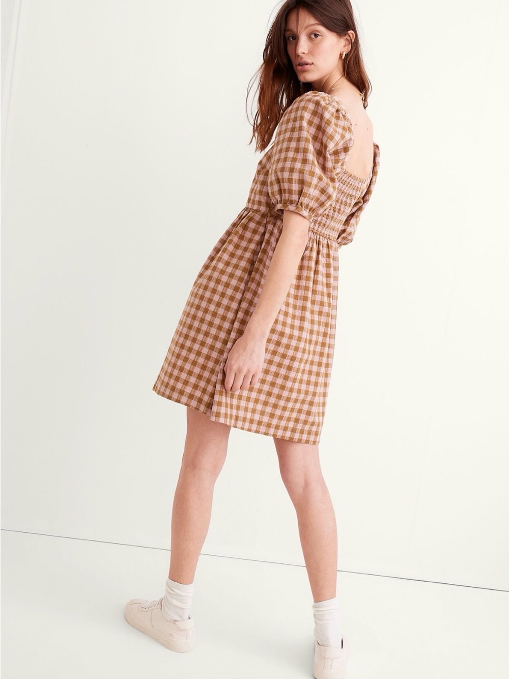 Madewell Square-Neck Puff-Sleeve Dress in Gingham Seersucker